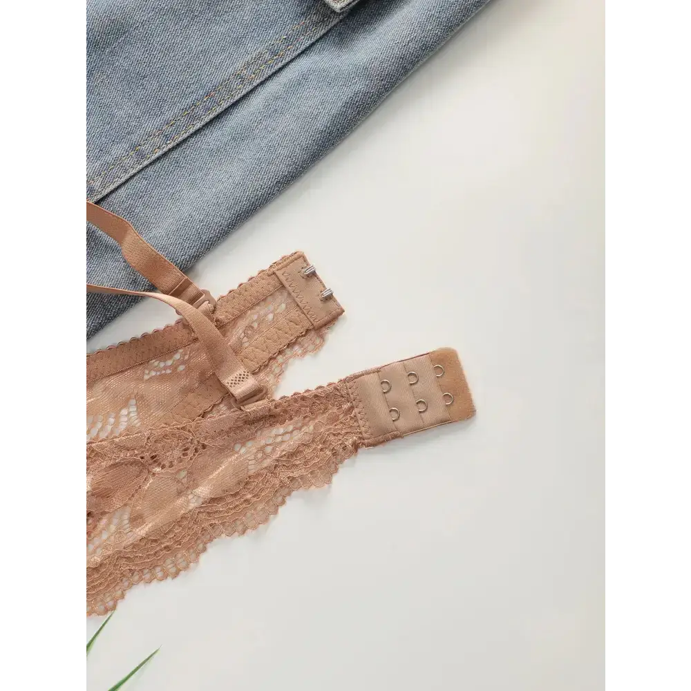 Beige lace 2-piece underwear set with adjustable straps and hook closure from The Lady's Haven Boutique