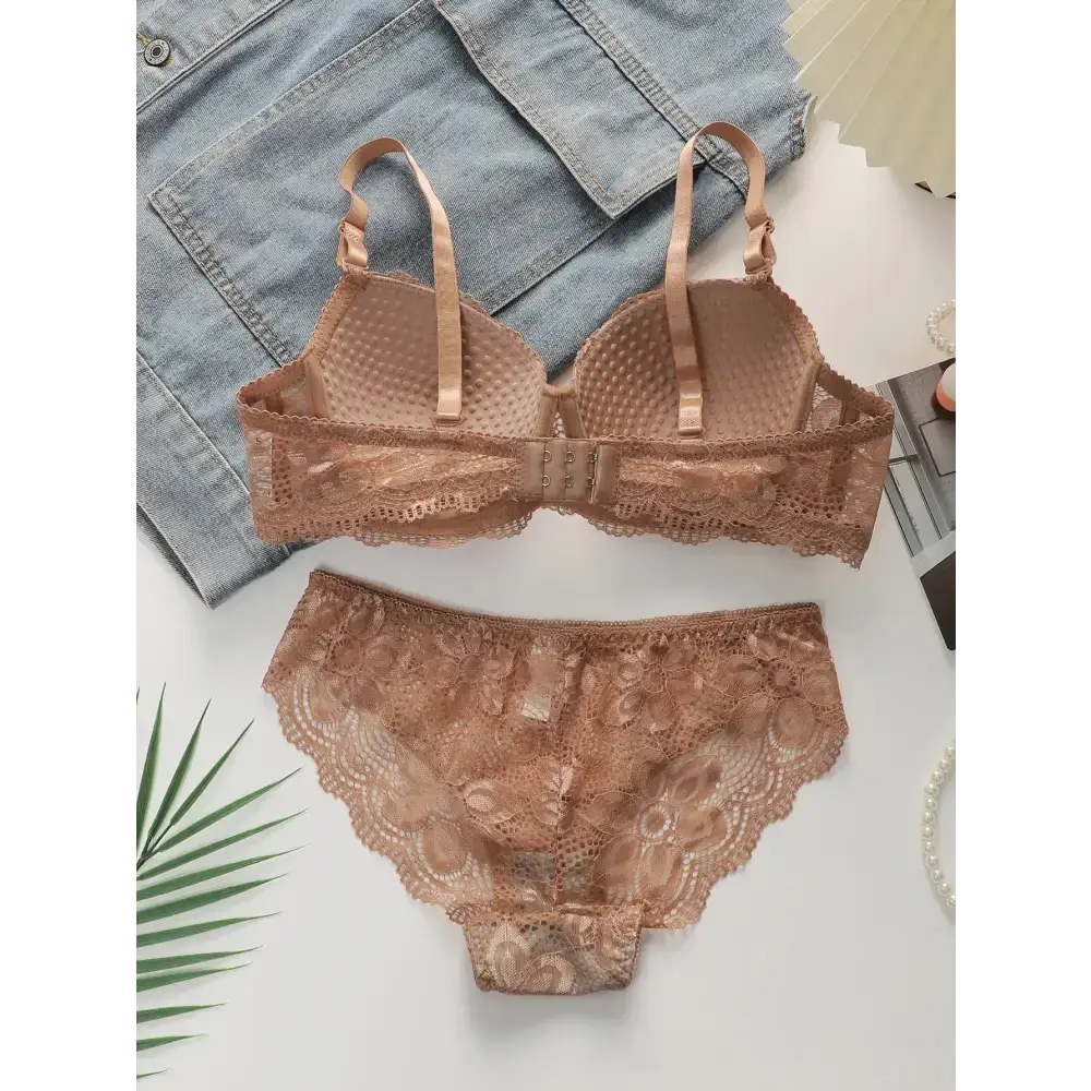Lace brown 2-piece underwear set with adjustable straps and floral design from The Lady's Haven Boutique
