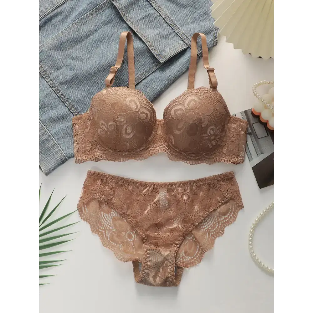 Brown lace 2-piece underwear set with adjustable straps from The Lady's Haven Boutique