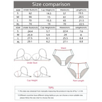 Size comparison chart for a 2-piece underwear set with measurements for under bust, cup height, waist, and pant length