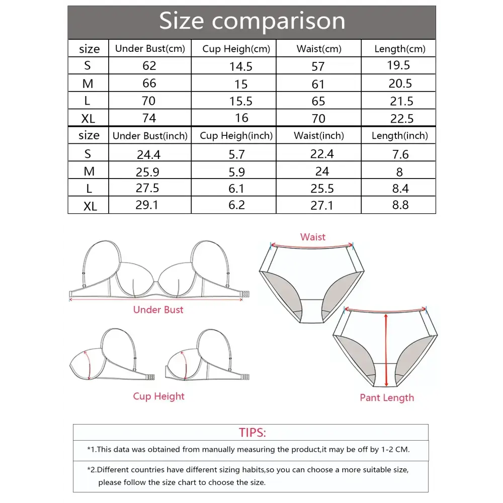 Size comparison chart for a 2-piece underwear set with measurements for under bust, cup height, waist, and pant length