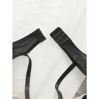 Black breathable patchwork lingerie for women with adjustable strap hooks on white background
