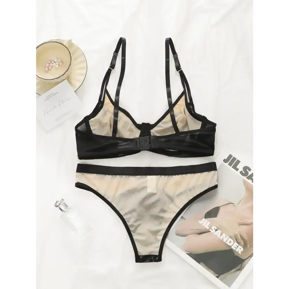 Breathable patchwork lingerie for women featuring black trim bra and matching underwear set