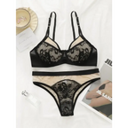 Breathable patchwork lingerie for women featuring black lace bra and matching panties from The Lady's Haven Boutique