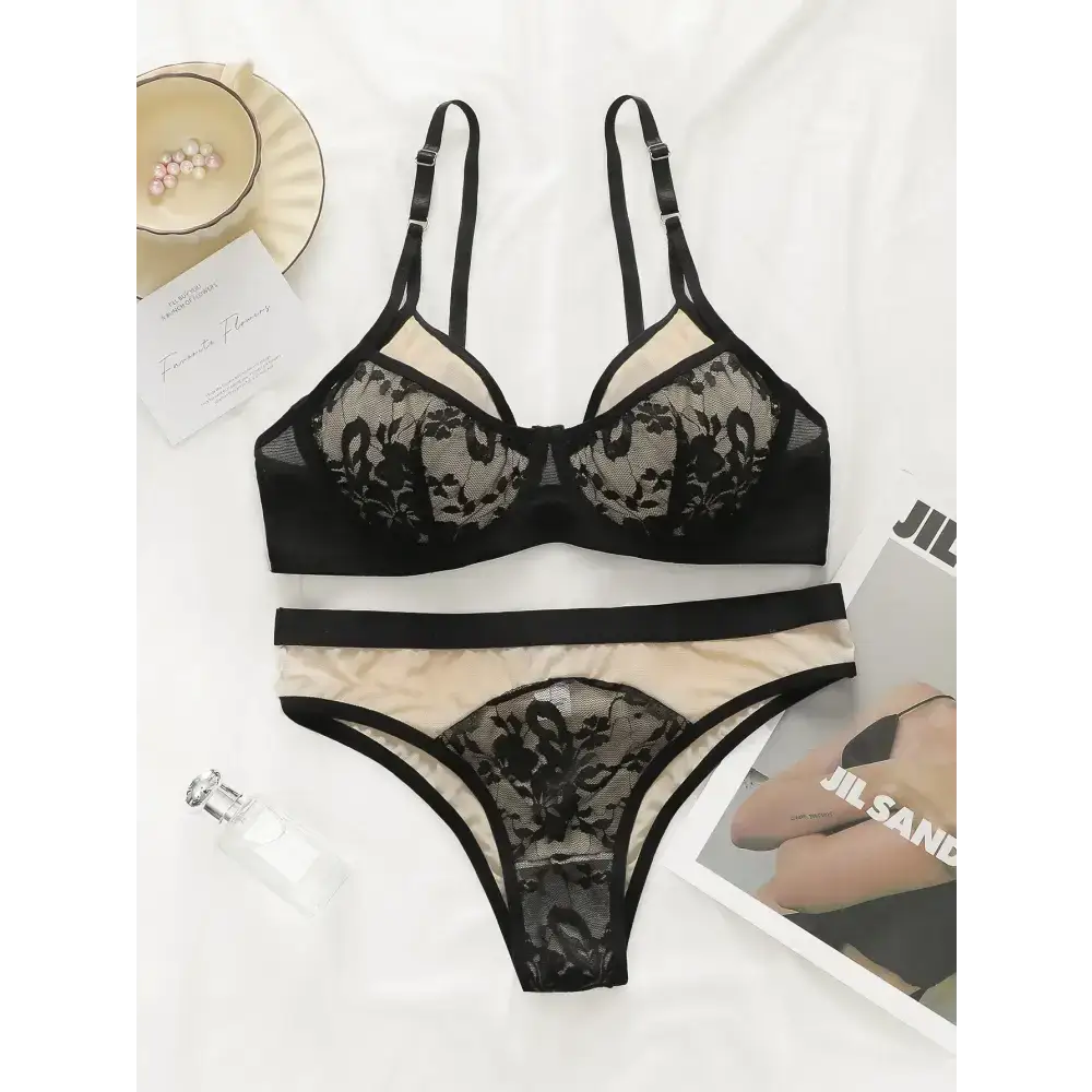 Breathable patchwork lingerie for women featuring black lace bra and matching panties from The Lady's Haven Boutique
