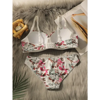 Close fitting floral bra and panty set with pink and green flower pattern from The Lady's Haven Boutique