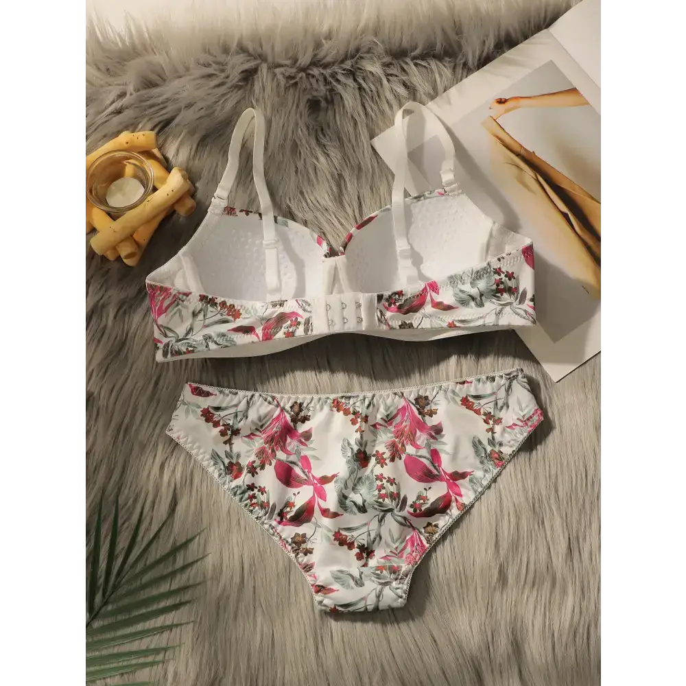 Close fitting floral bra and panty set with pink and green flower pattern from The Lady's Haven Boutique