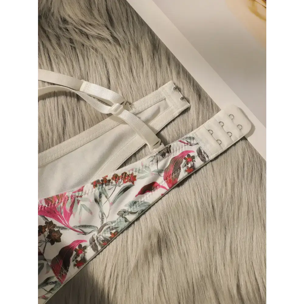 Close fitting floral bra and panty set with pink and green floral pattern on soft fabric