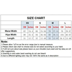 Size chart for elegant mid waist sequin shorts showing measurements in centimeters and inches for XS to L