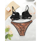 Fashion leopard bra and underwear set with black adjustable straps and animal print panties