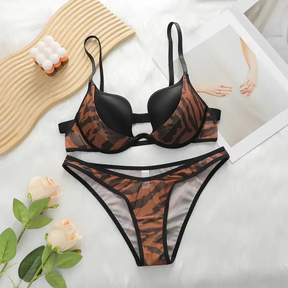 Fashion leopard bra and underwear set in brown and black with adjustable straps from The Lady's Haven Boutique