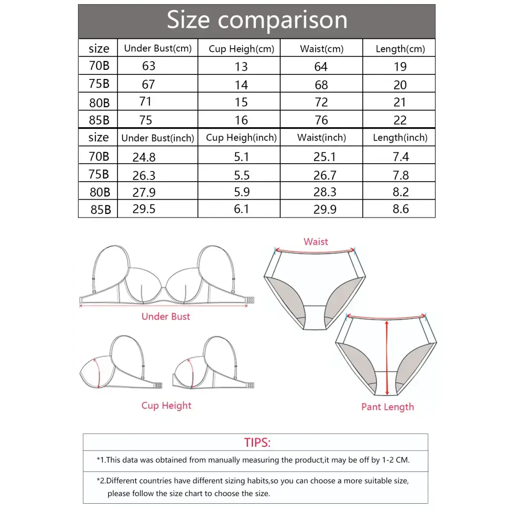 Size chart and measurement guide for fashion leopard bra and underwear set with under bust, cup height, waist, and length details