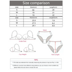 Size comparison chart with measurements in cm and inches for leopard print lace underwear including waist and length dimensions