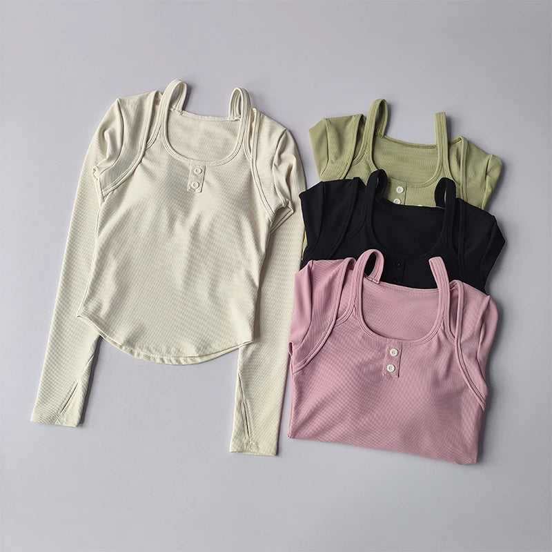 Long sleeve yoga crop tops for women in various colors including beige, green, black and pink