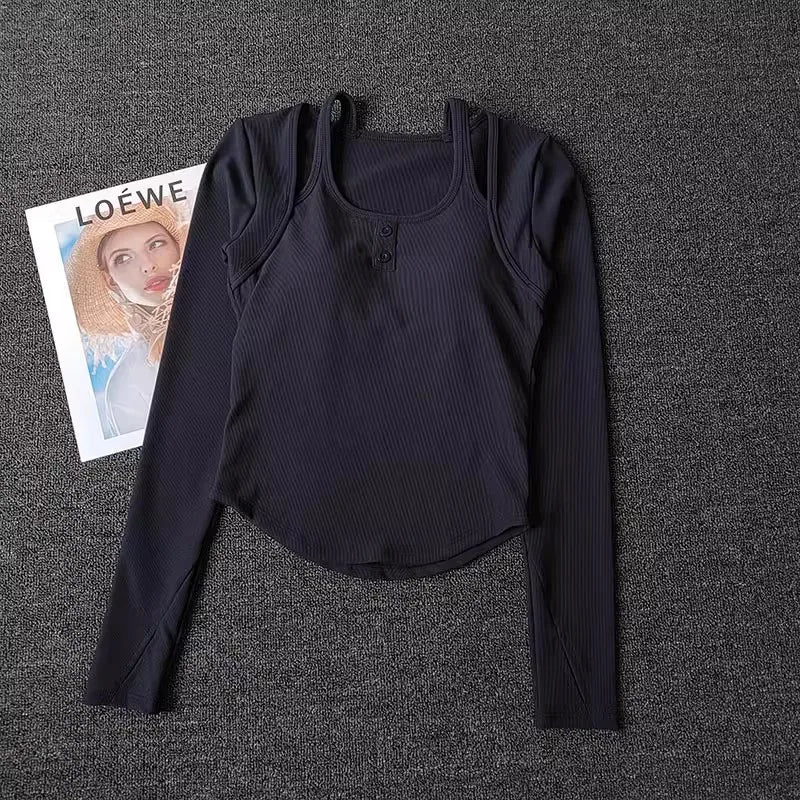 Black long sleeve yoga crop tops for women with stylish ribbed design and comfortable fit