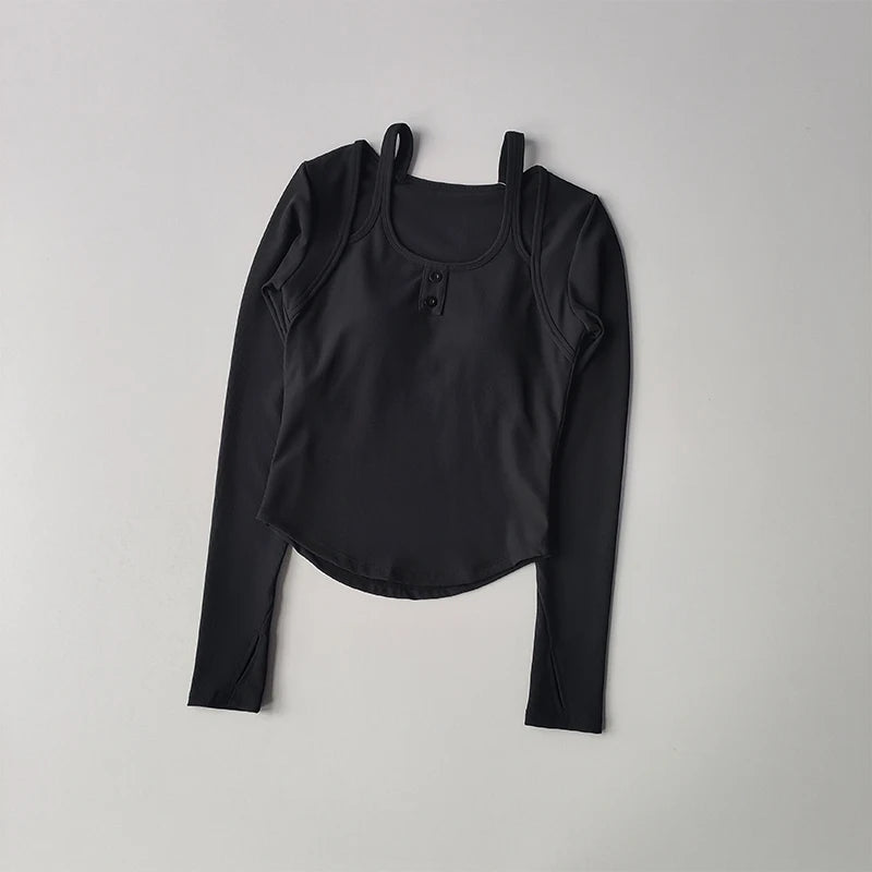 Black long sleeve yoga crop tops for women with adjustable straps and a stylish design