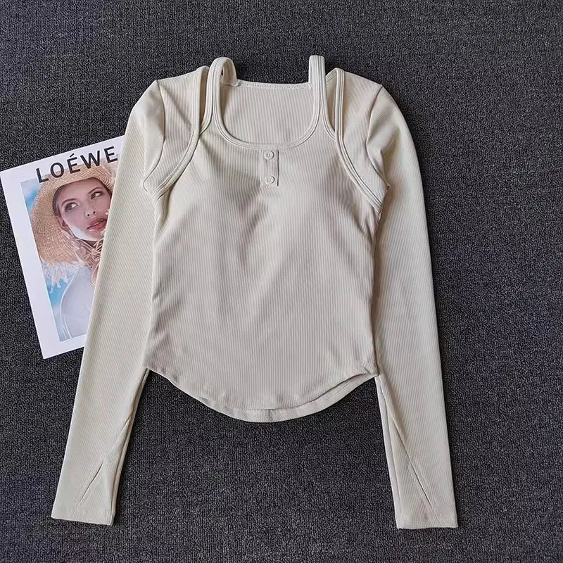 Cream Long Sleeve Yoga Crop Tops for Women with a Ribbed Texture and Button Detail