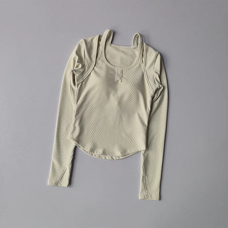 Light beige long sleeve yoga crop tops for women with stylish design and soft fabric