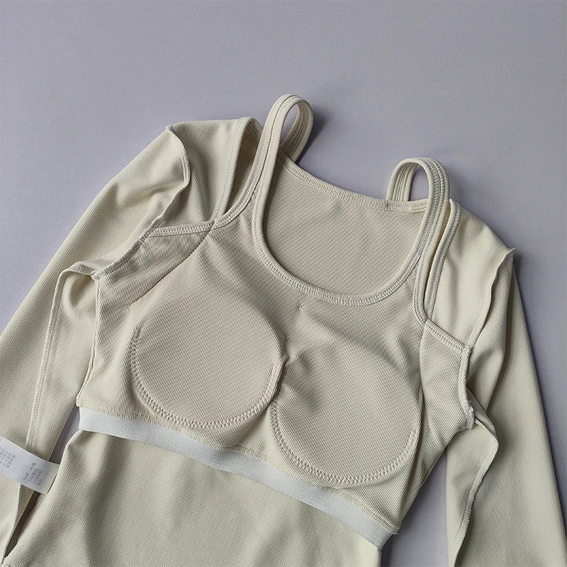 Light beige long sleeve yoga crop tops for women with supportive built-in bra and soft fabric