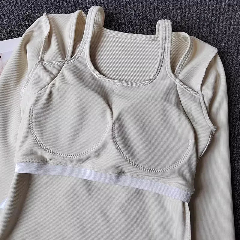 Beige long sleeve yoga crop tops for women with soft fabric and supportive design