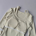 Light beige long sleeve yoga crop tops for women with built-in support and comfortable fit