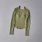 Olive green long sleeve yoga crop tops for women with ribbed texture and button detail