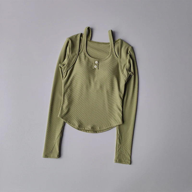 Olive green long sleeve yoga crop tops for women with ribbed texture and button detail