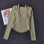 Olive Green Long Sleeve Yoga Crop Tops for Women with Button Detail and Comfortable Fit