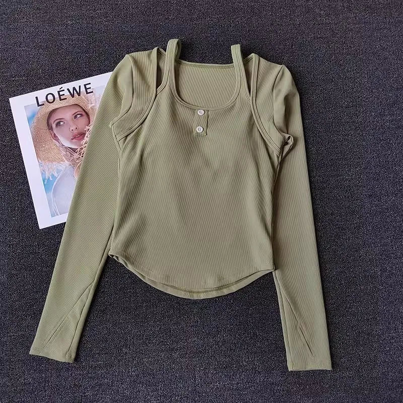Olive Green Long Sleeve Yoga Crop Tops for Women with Button Detail and Comfortable Fit