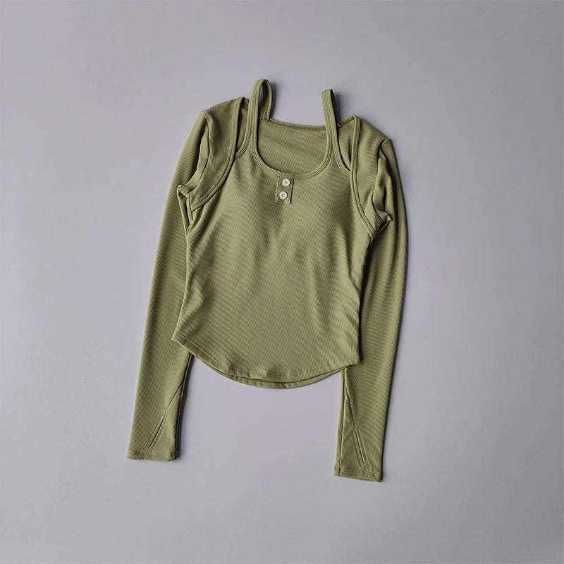 Olive green long sleeve yoga crop tops for women with a flattering fit and button details