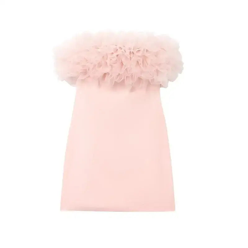 Pink casual cocktail dress with ruffled off-shoulder neckline from The Lady's Haven Boutique