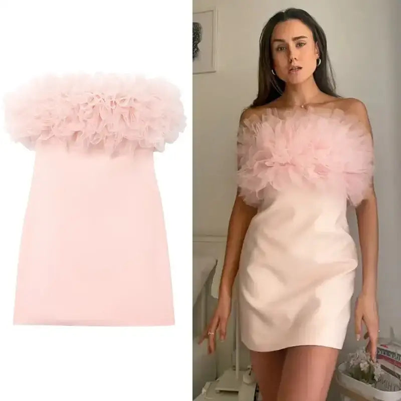 Pink casual cocktail dress with fluffy tulle off-shoulder neckline shown flat and worn by model