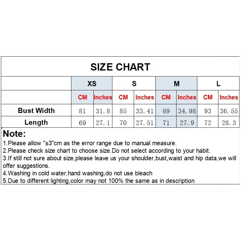 Size chart for pink casual cocktail dress showing measurements in centimeters and inches for XS to L sizes
