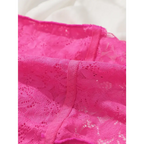 Close-up view of pink lace bralette and panties set showcasing delicate lace fabric details