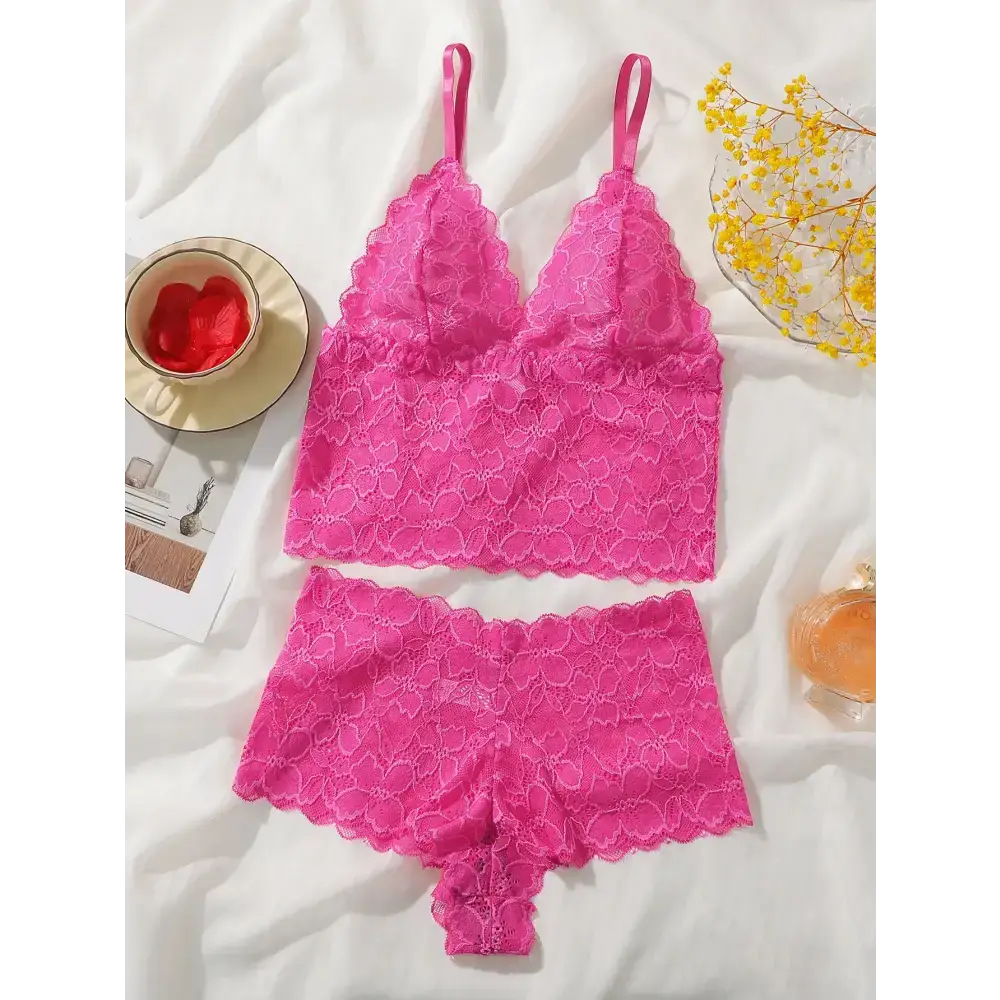 Pink lace bralette and panties set with floral pattern and adjustable straps from The Lady's Haven Boutique