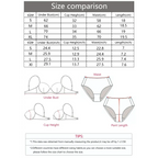 Size chart for pink lace bralette and panties set showing under bust, cup height, waist, and length measurements in cm and inches