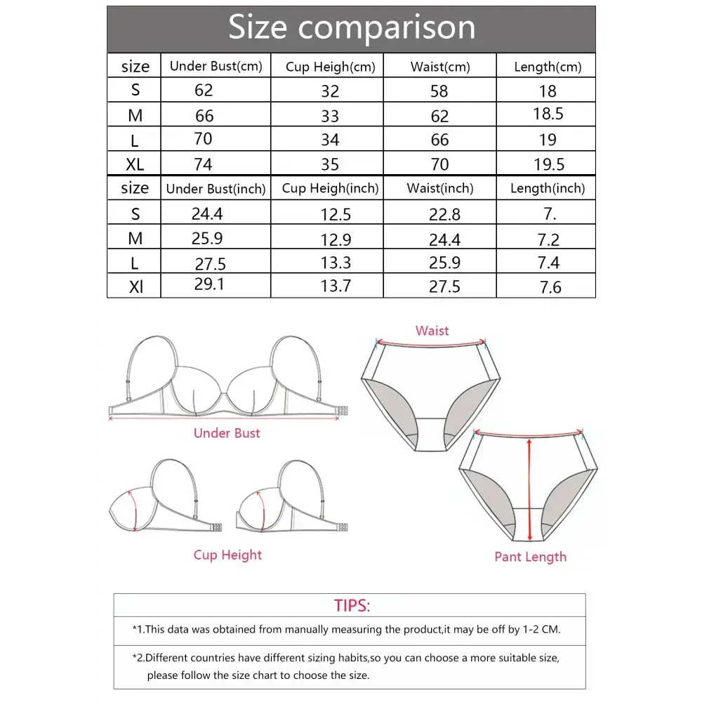 Size chart for pink lace bralette and panties set showing under bust, cup height, waist, and length measurements in cm and inches