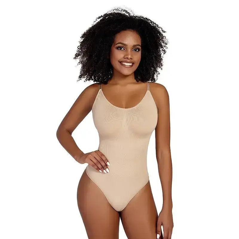 Beige ribbed thong bodysuit shapewear with adjustable straps by The Lady's Haven Boutique