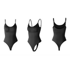 Black ribbed thong bodysuit shapewear from The Lady's Haven Boutique shown from front, side, and back views
