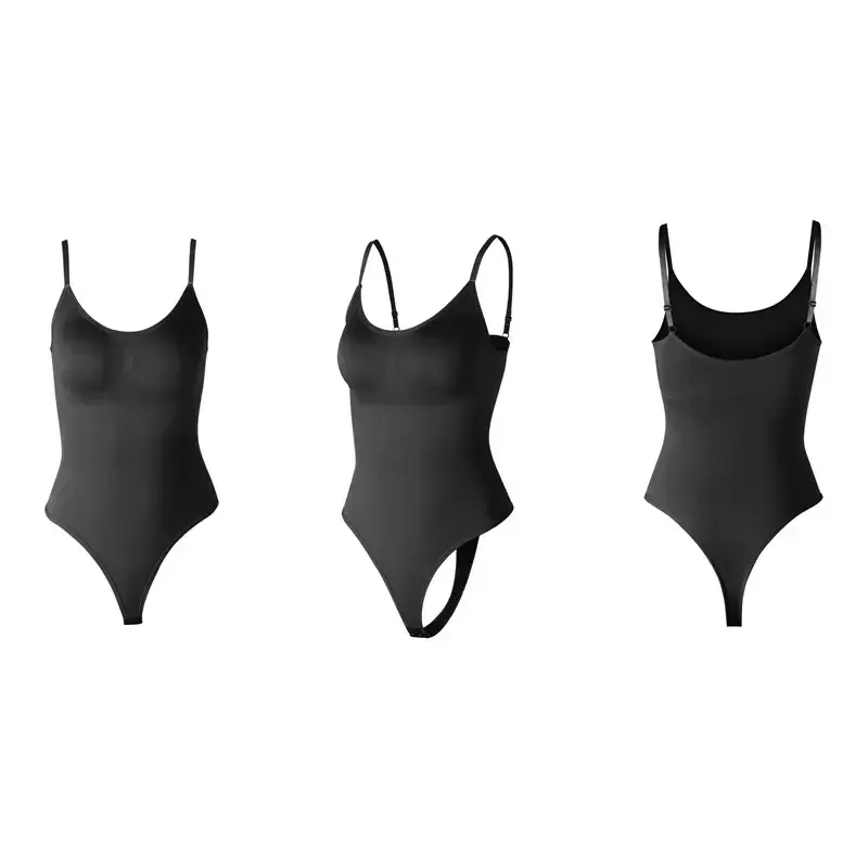 Black ribbed thong bodysuit shapewear from The Lady's Haven Boutique shown from front, side, and back views