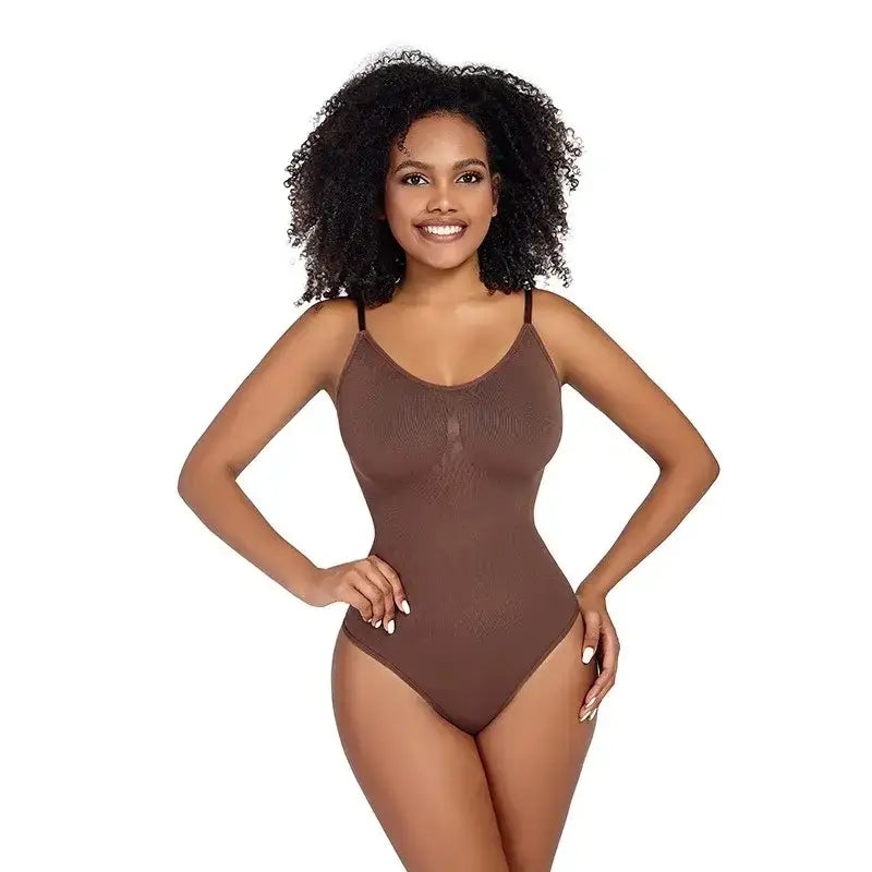 The Lady's Haven Boutique ribbed thong bodysuit shapewear in brown with adjustable straps