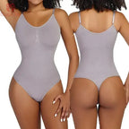 Light gray ribbed thong bodysuit shapewear with adjustable straps shown from front and back