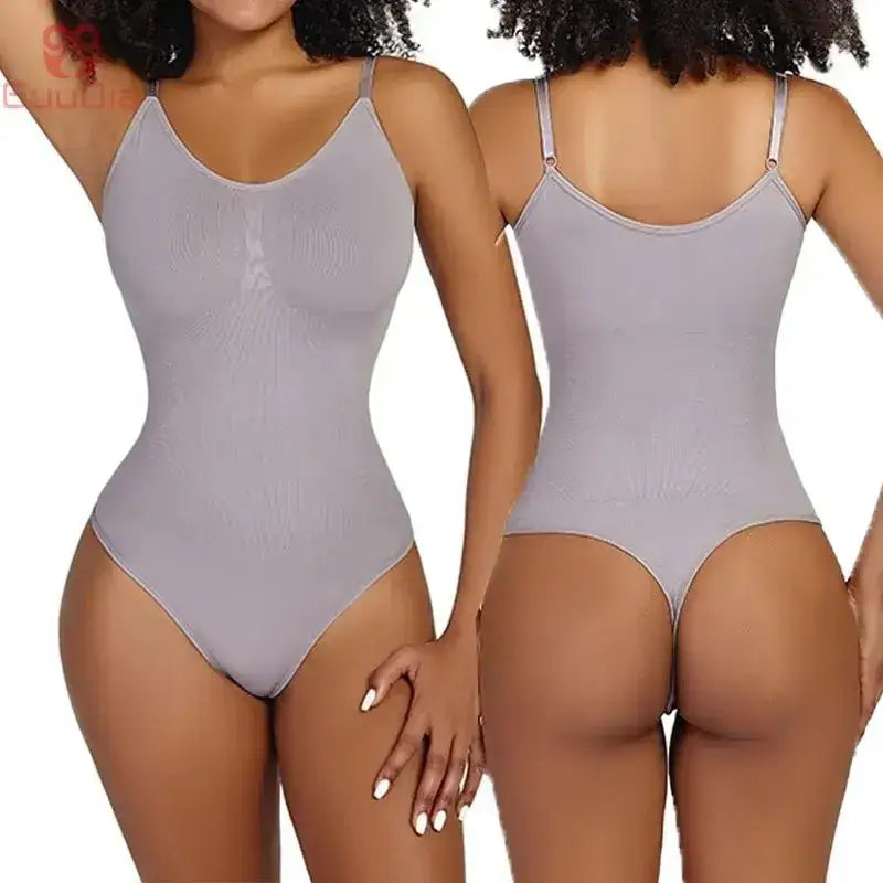 Light gray ribbed thong bodysuit shapewear with adjustable straps shown from front and back