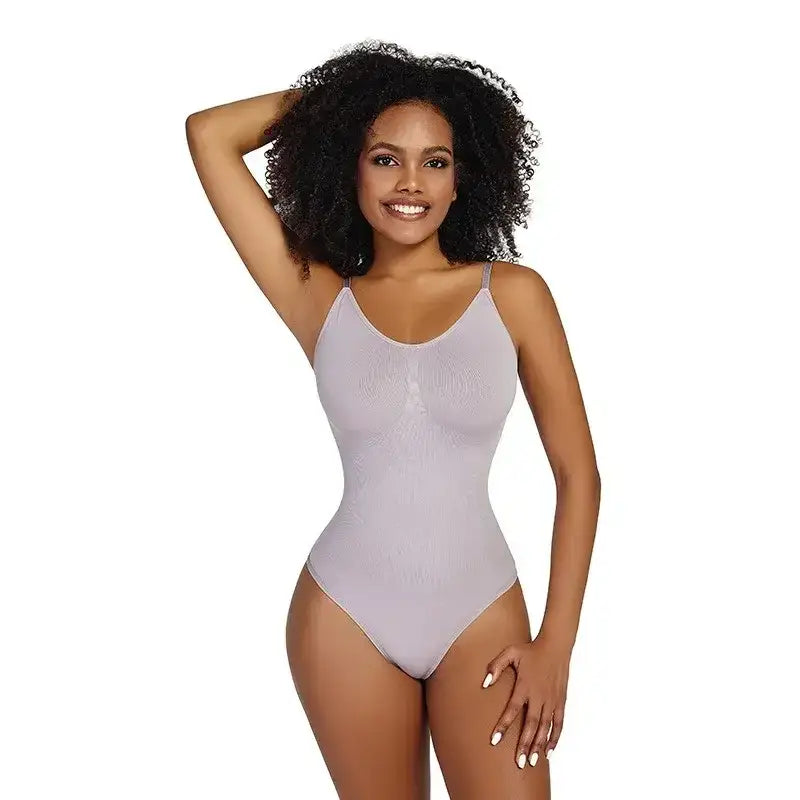 The Lady's Haven Boutique ribbed thong bodysuit shapewear worn by model with adjustable straps and seamless design