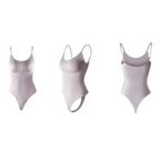 Light mauve ribbed thong bodysuit shapewear with adjustable straps shown from front side and back