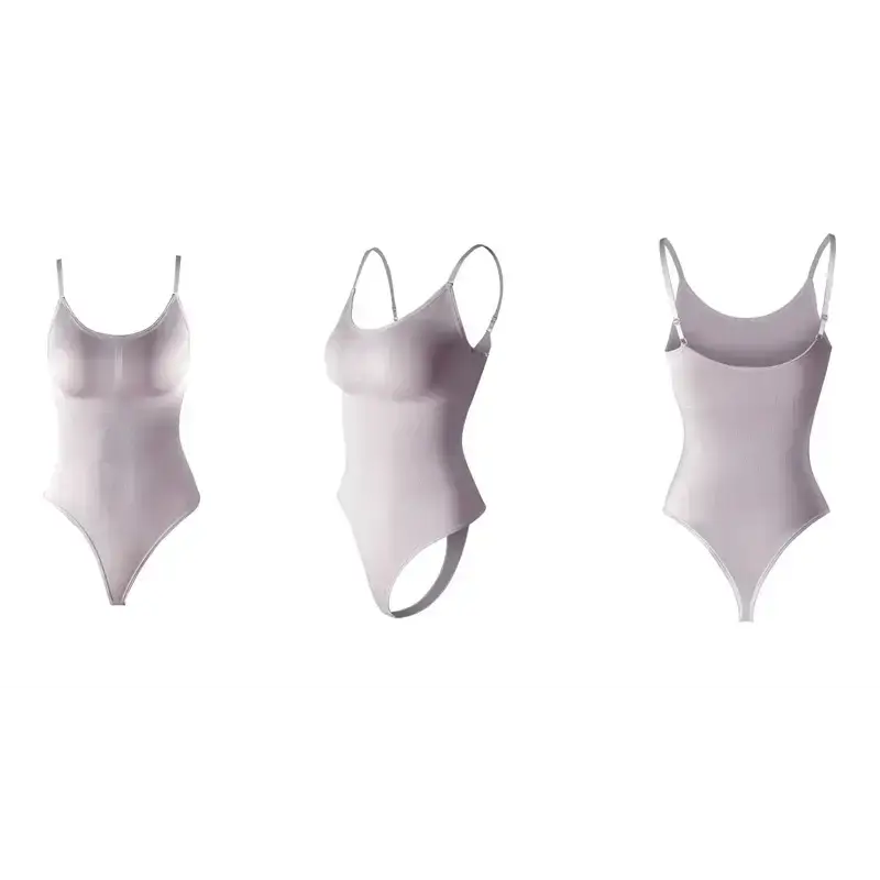 Light mauve ribbed thong bodysuit shapewear with adjustable straps shown from front side and back
