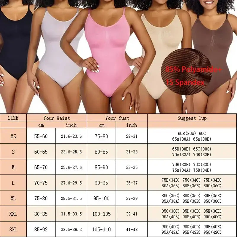 Ribbed thong bodysuit shapewear in multiple colors including black, white, pink, beige, and brown for women