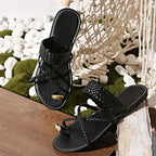 Black Rome style ring toe flat sandals with braided straps and gold accents from The Lady's Haven Boutique