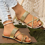 Rome style ring toe flat sandals in gold from The Lady's Haven Boutique with braided straps and flat heel
