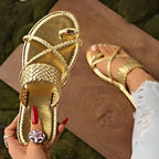 Gold Rome style ring toe flat sandals from The Lady's Haven Boutique with braided straps and flat heel